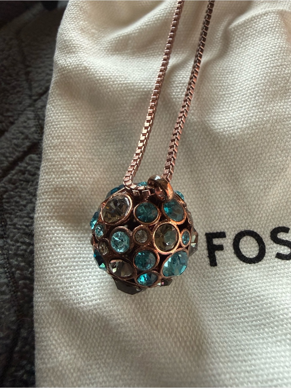 Fossil Rose Gold-Tone Pendant Necklace with Teal Crystals